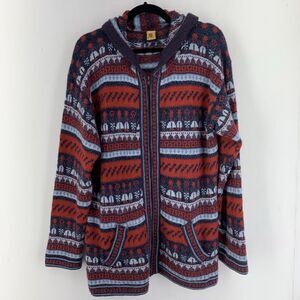 Sanyork Women XL Alpaca Cardigan Hooded Full Zip Long Boho Hand Knit Peru Aztec